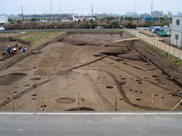 下田遺跡：手前が中世の屋敷跡、奥が古代の水田跡